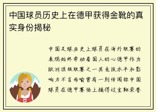 中国球员历史上在德甲获得金靴的真实身份揭秘