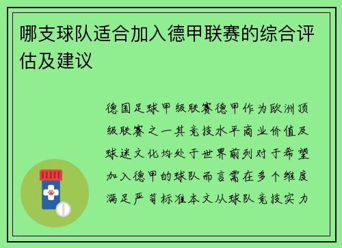 哪支球队适合加入德甲联赛的综合评估及建议