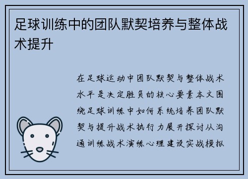 足球训练中的团队默契培养与整体战术提升