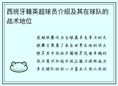 西班牙籍英超球员介绍及其在球队的战术地位