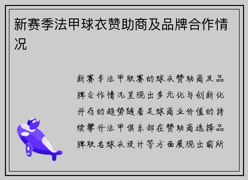 新赛季法甲球衣赞助商及品牌合作情况